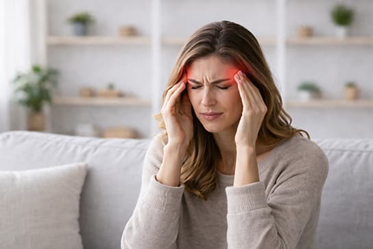 A woman pressing her fingertips to her temples while suffering from a headache or migraine