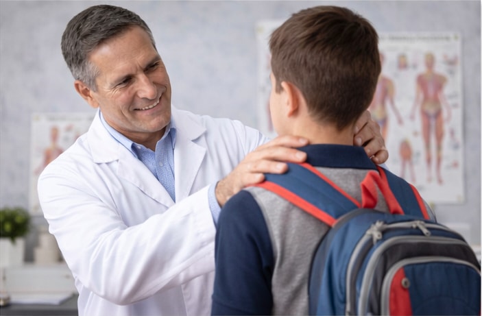 A chiropractor assessing a boy who is wearing a backpack