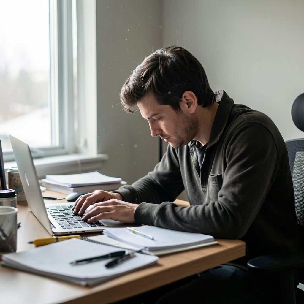 An office worker with poor posture while using a laptop, sitting at a cluttered desk